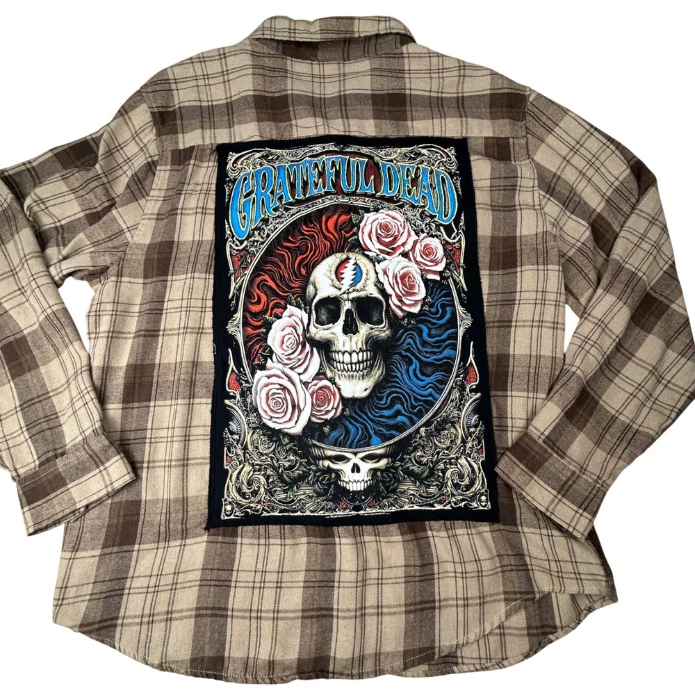 Grunge Grateful Dead Plaid Flannel Shirt XXL Skull Roses Patch Deadhead Bear